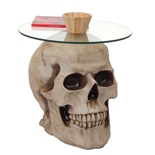 Bijzettafel schedel MCW-A19, glazen tafel woonkamertafel salontafel schedel, polyresin rond Ø55cm naturel