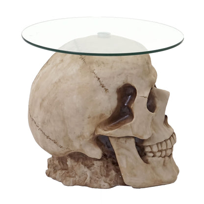 Bijzettafel schedel MCW-A19, glazen tafel woonkamertafel salontafel schedel, polyresin rond Ø55cm naturel