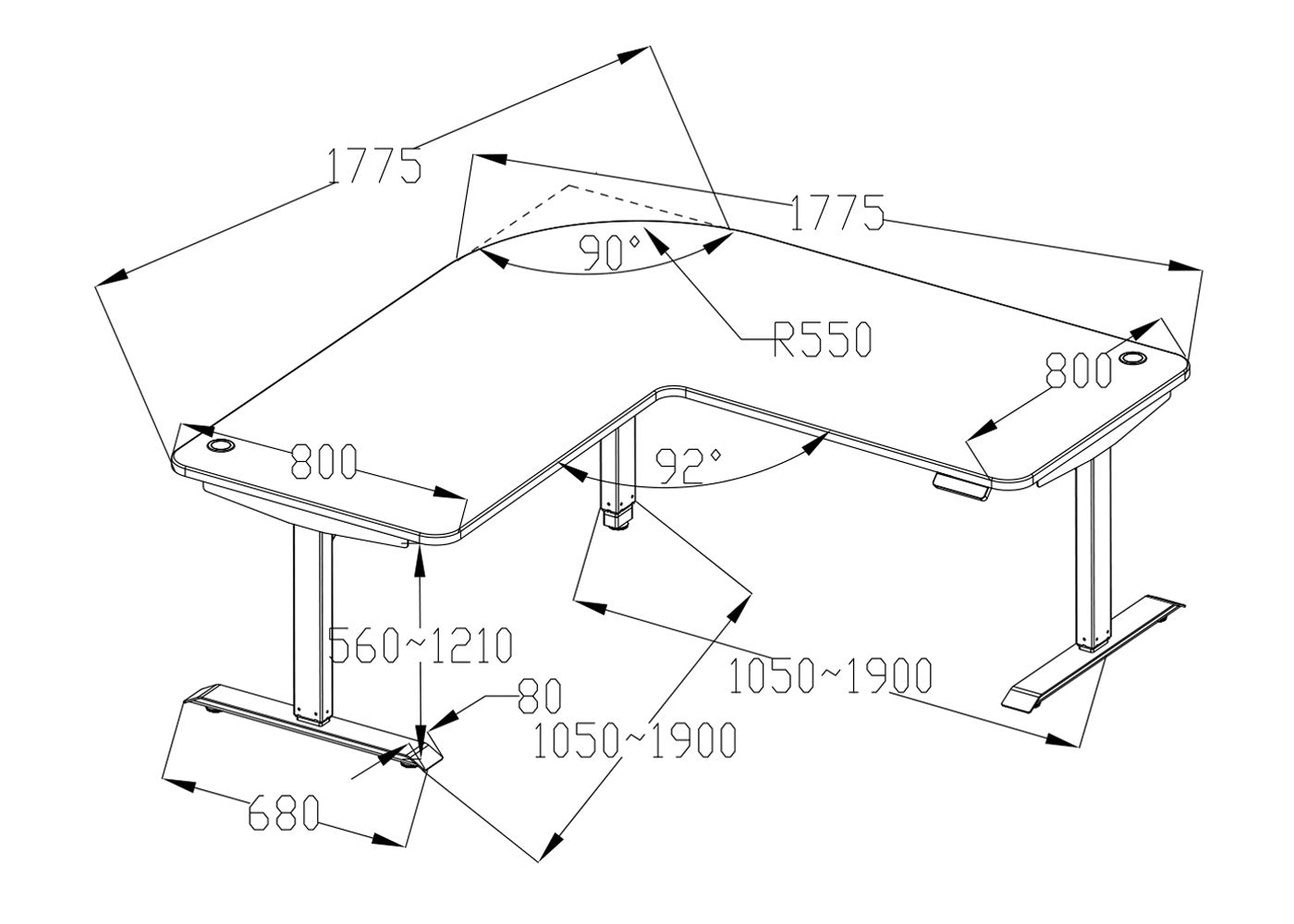 Hoekbureau MCW-D40, computerbureau elektrisch in hoogte verstelbaar 178x178cm 84kg MVG ~ zwart, antracietgrijs