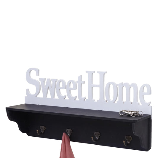 Wandkapstok MCW-D41 Sweet Home, kapstok plank, 4 haken solide 30x60x13cm ~ zwart/wit