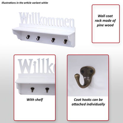 Wandkapstok MCW-D41 Welkom, kapstok plank, 4 haken solide 30x60x13cm ~ wit