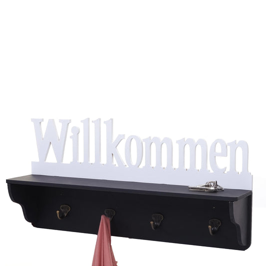 Wandkapstok MCW-D41 Welkom, kapstok plank, 4 haken solide 30x60x13cm ~ zwart/wit