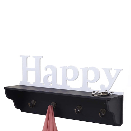 Wandkapstok MCW-D41 Happy, kapstok plank, 4 haken solide 30x60x13cm ~ zwart/wit