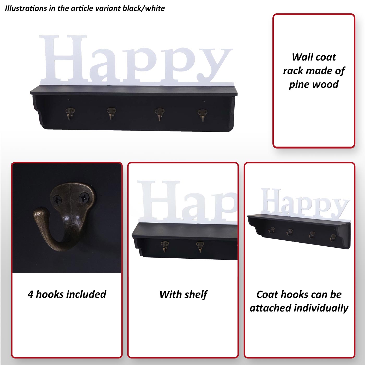 Wandkapstok MCW-D41 Happy, kapstok plank, 4 haken solide 30x60x13cm ~ zwart/wit