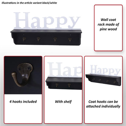 Wandkapstok MCW-D41 Happy, kapstok plank, 4 haken solide 30x60x13cm ~ zwart/wit