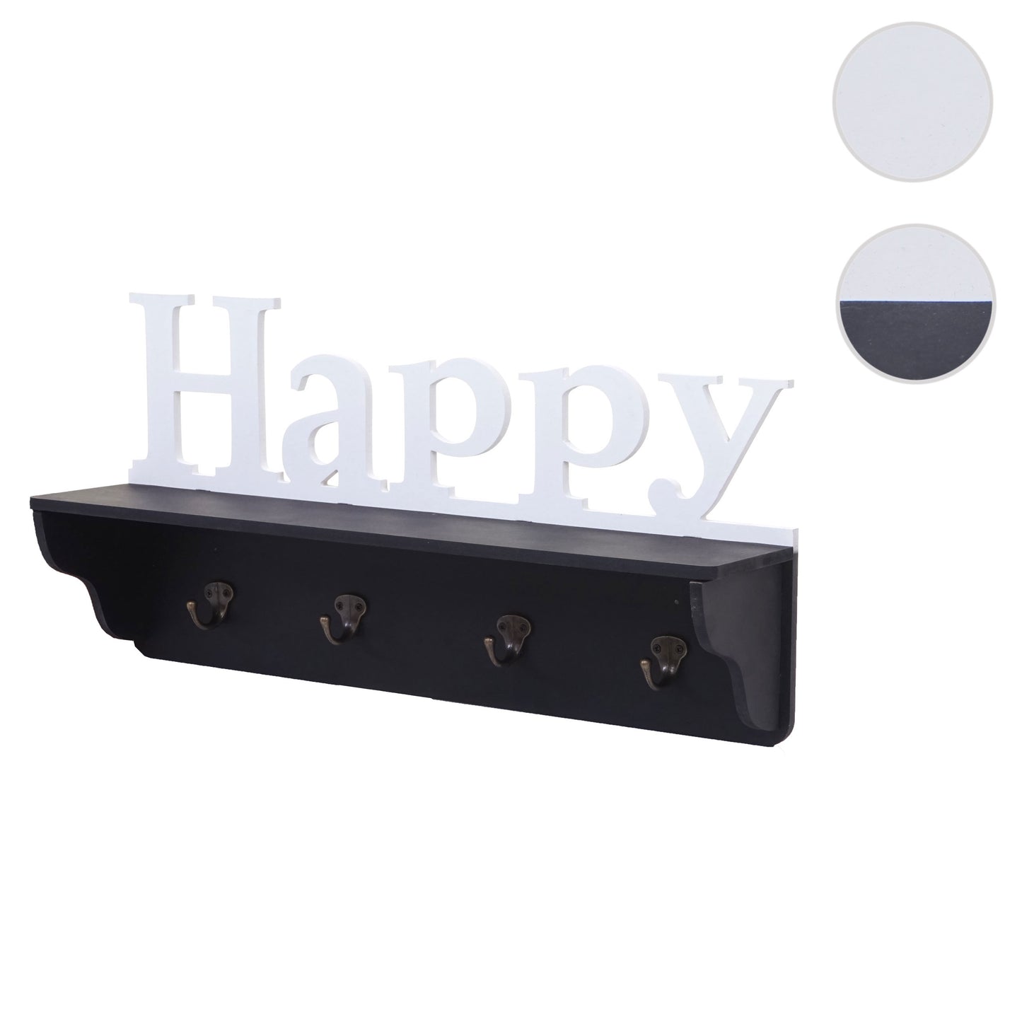 Wandkapstok MCW-D41 Happy, kapstok plank, 4 haken solide 30x60x13cm ~ zwart/wit