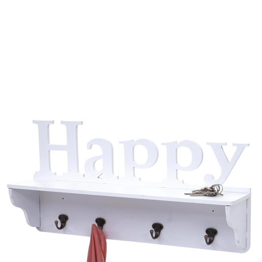 Wandkapstok MCW-D41 Happy, kapstok plank, 4 haken solide 30x60x13cm ~ wit