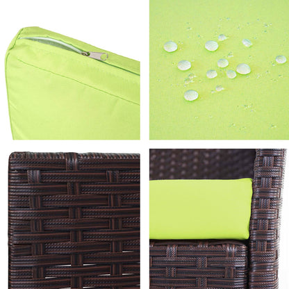 3-zits poly-rattan tuinbank Halden, bank ~ bruin-gemarmerd, groene kussens