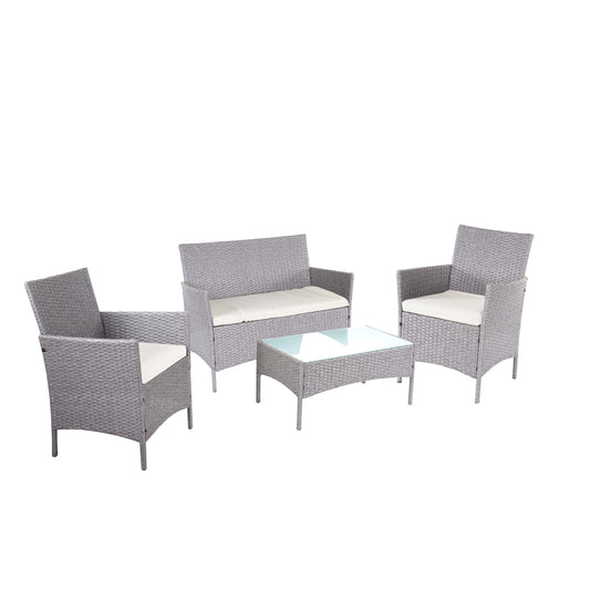 2-1-1 Poly-rattan tuinset Halden, zitgroep loungeset bank ~ grijs, kussens crème