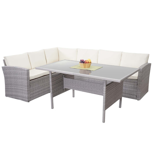 Poly rotan set MCW-A29, tuinset lounge eettafel bank ~ lichtgrijs, kussens crème