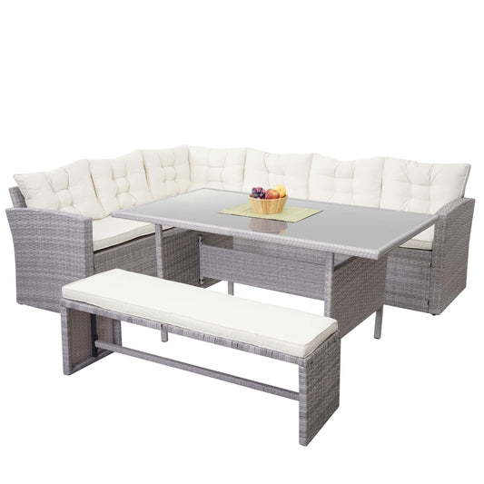 Poly rotan set MCW-A29, tuinset Lounge eettafelset Sofa ~ lichtgrijs, kussens crème + bankje