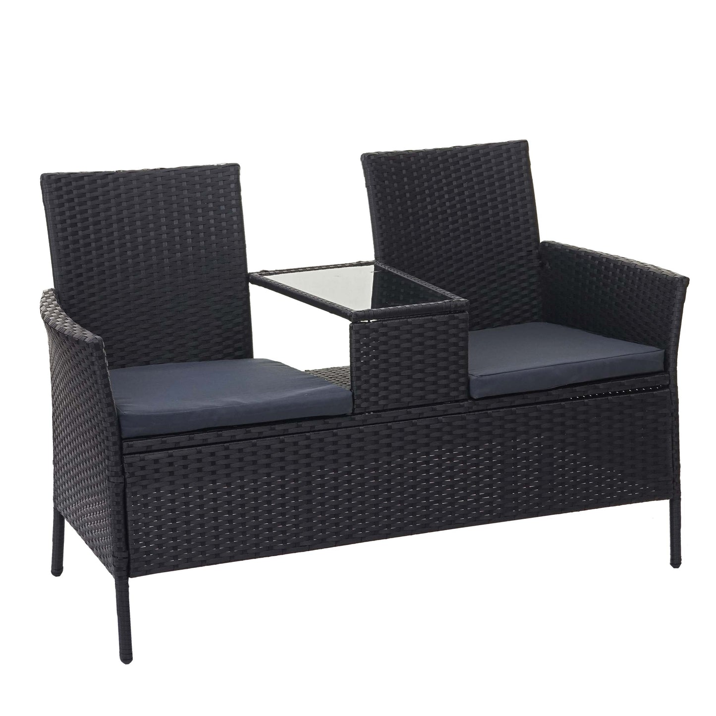 Poly-rattan bank met tafel MCW-E24, tuinbank zitgroep tuinbank, 132cm ~ zwart, donkergrijze kussens