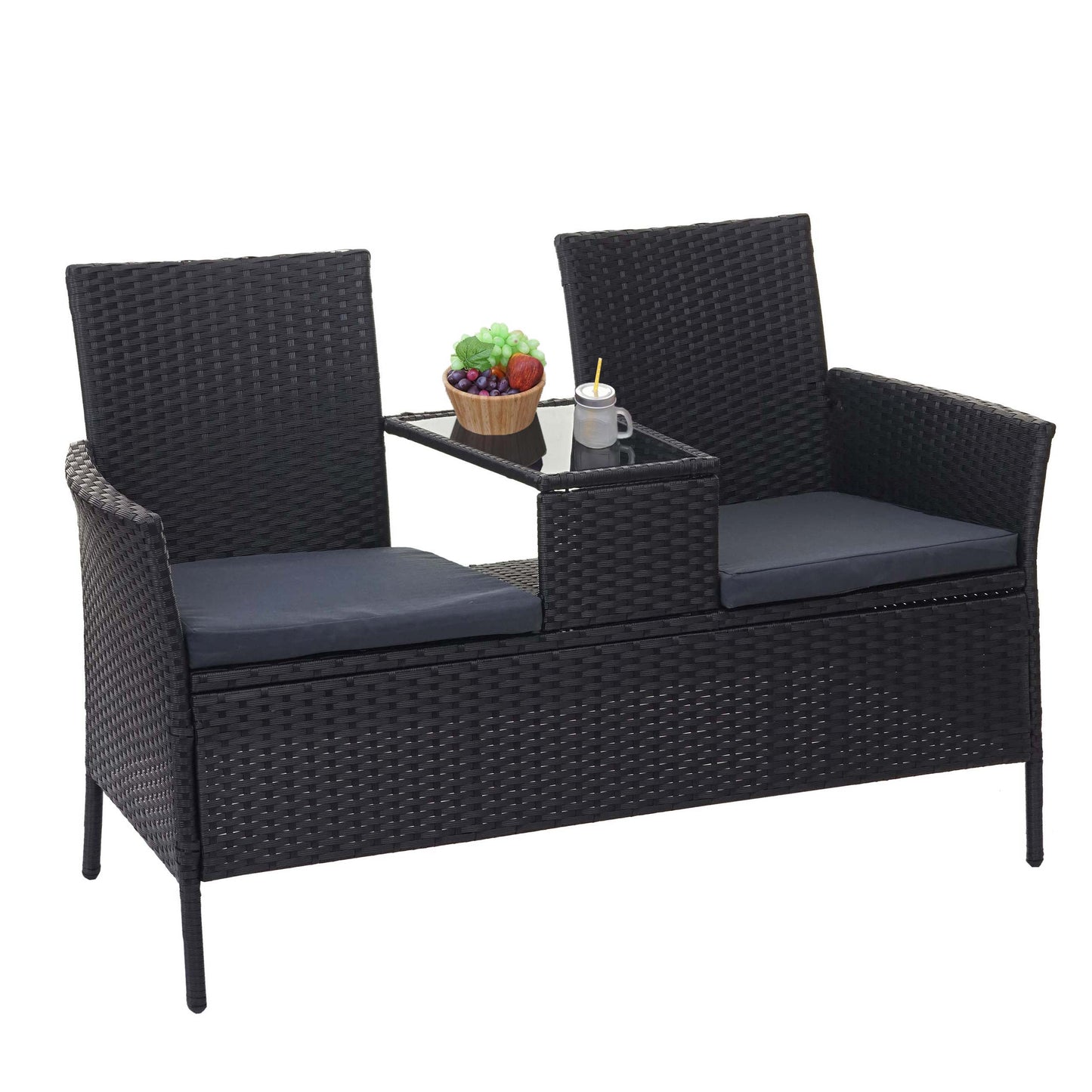 Poly-rattan bank met tafel MCW-E24, tuinbank zitgroep tuinbank, 132cm ~ zwart, donkergrijze kussens