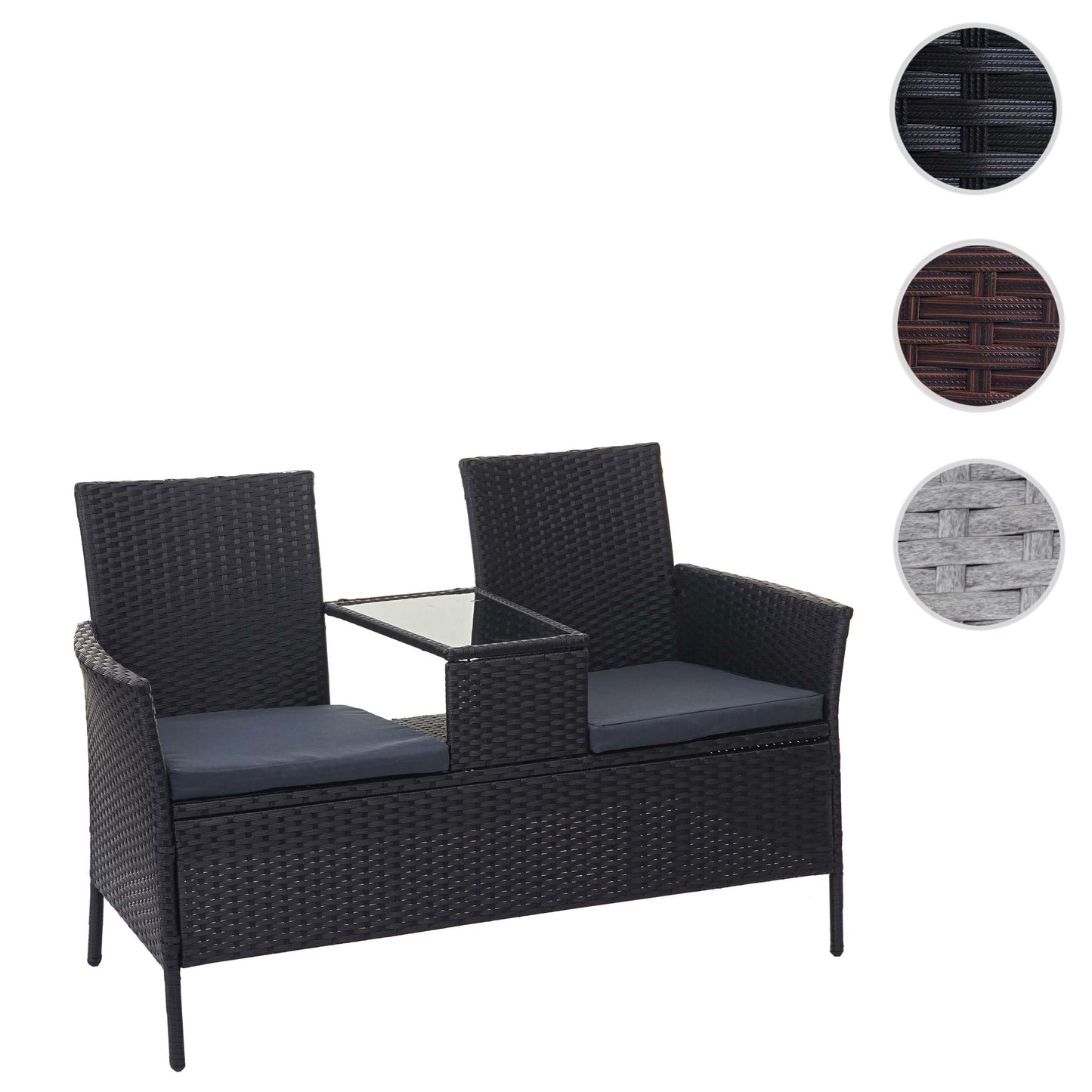 Poly-rattan bank met tafel MCW-E24, tuinbank zitgroep tuinbank, 132cm ~ zwart, donkergrijze kussens