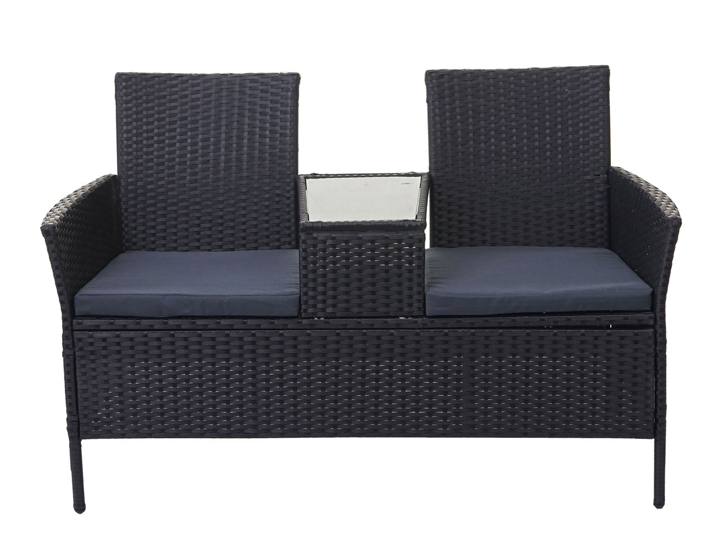 Poly-rattan bank met tafel MCW-E24, tuinbank zitgroep tuinbank, 132cm ~ zwart, donkergrijze kussens