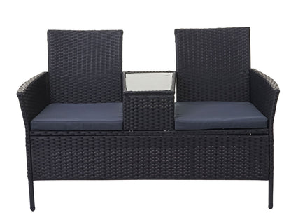Poly-rattan bank met tafel MCW-E24, tuinbank zitgroep tuinbank, 132cm ~ zwart, donkergrijze kussens