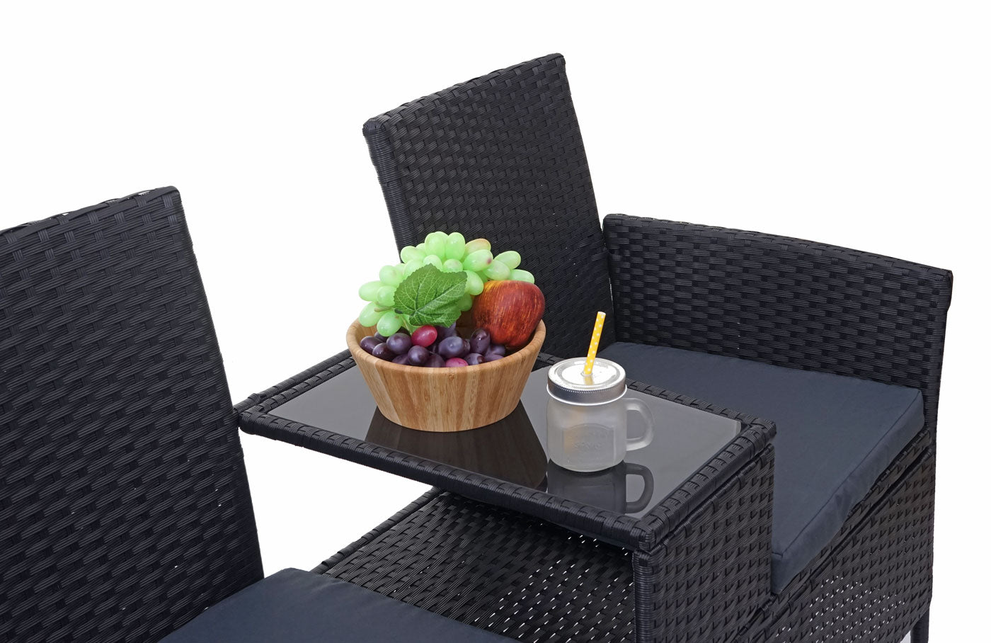 Poly-rattan bank met tafel MCW-E24, tuinbank zitgroep tuinbank, 132cm ~ zwart, donkergrijze kussens