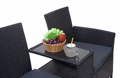 Poly-rattan bank met tafel MCW-E24, tuinbank zitgroep tuinbank, 132cm ~ zwart, donkergrijze kussens