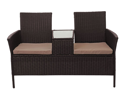 Poly-rattan bank met tafel MCW-E24, tuinbank zitgroep tuinbank, 132cm ~ bruin, kussens crème