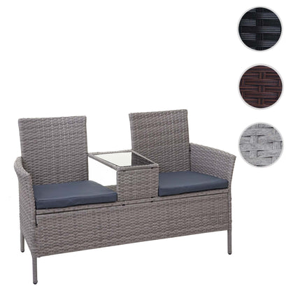 Poly-rattan bank met tafel MCW-E24, tuinbank zitgroep tuinbank, 132cm ~ grijs, donkergrijze kussens