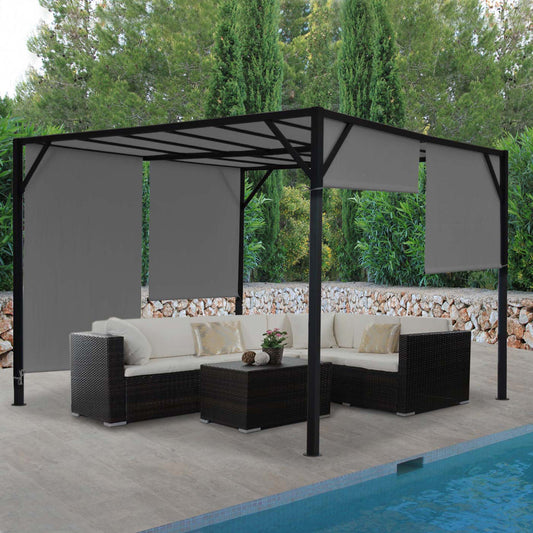 Pergola Baia, tuinpaviljoen terrasoverkapping, stevig 6cm stalen frame + schuifdak grijs ~ 3x3m