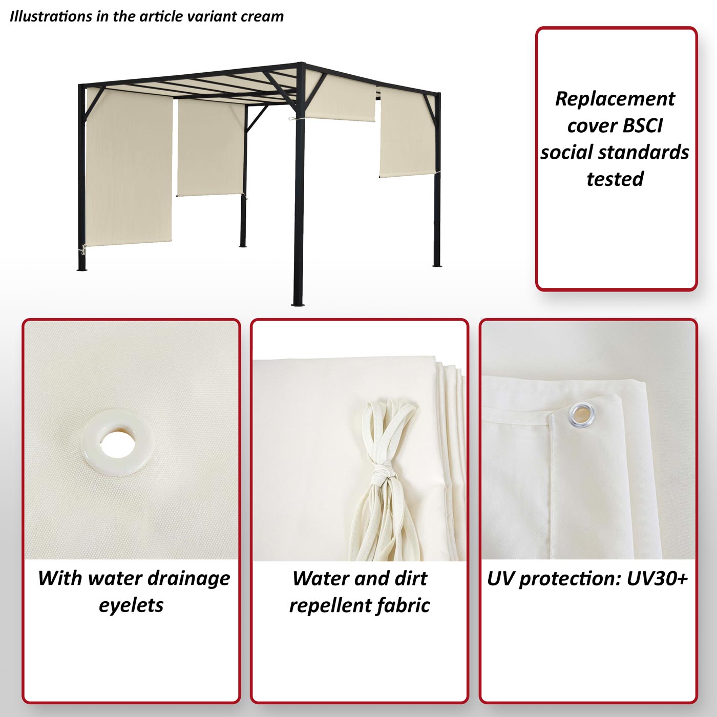 Vervangende afdekking voor pergoladak paviljoen Baia 3x3m ~ crème
