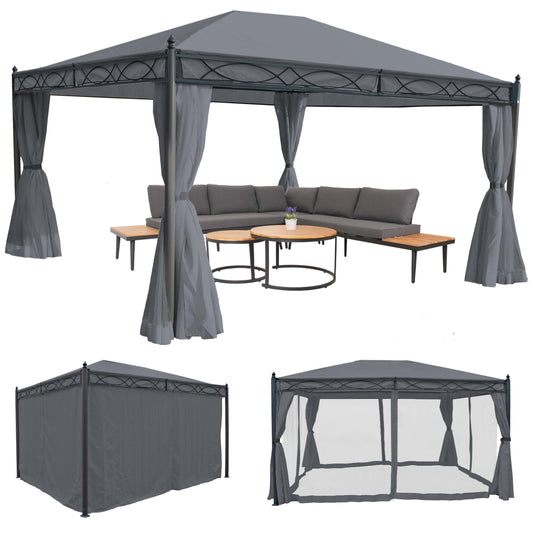 Pergola Cadiz, tuinpaviljoen, stevig 7cm frame met zijwand + muggengaas ~ grijs 4x3m