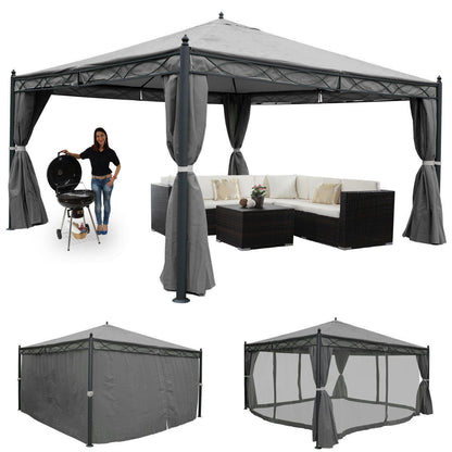 Pergola Cadiz, tuinpaviljoen, stevig 7cm frame met zijwand + muggengaas ~ grijs 4x4m