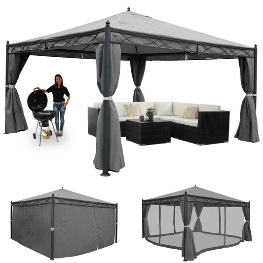 Pergola Cadiz, tuinpaviljoen, stevig 7cm frame met zijwand + muggengaas ~ grijs 4x4m