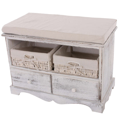 Bank ladekast met 2 manden 42x62x33cm, shabby look, vintage ~ wit