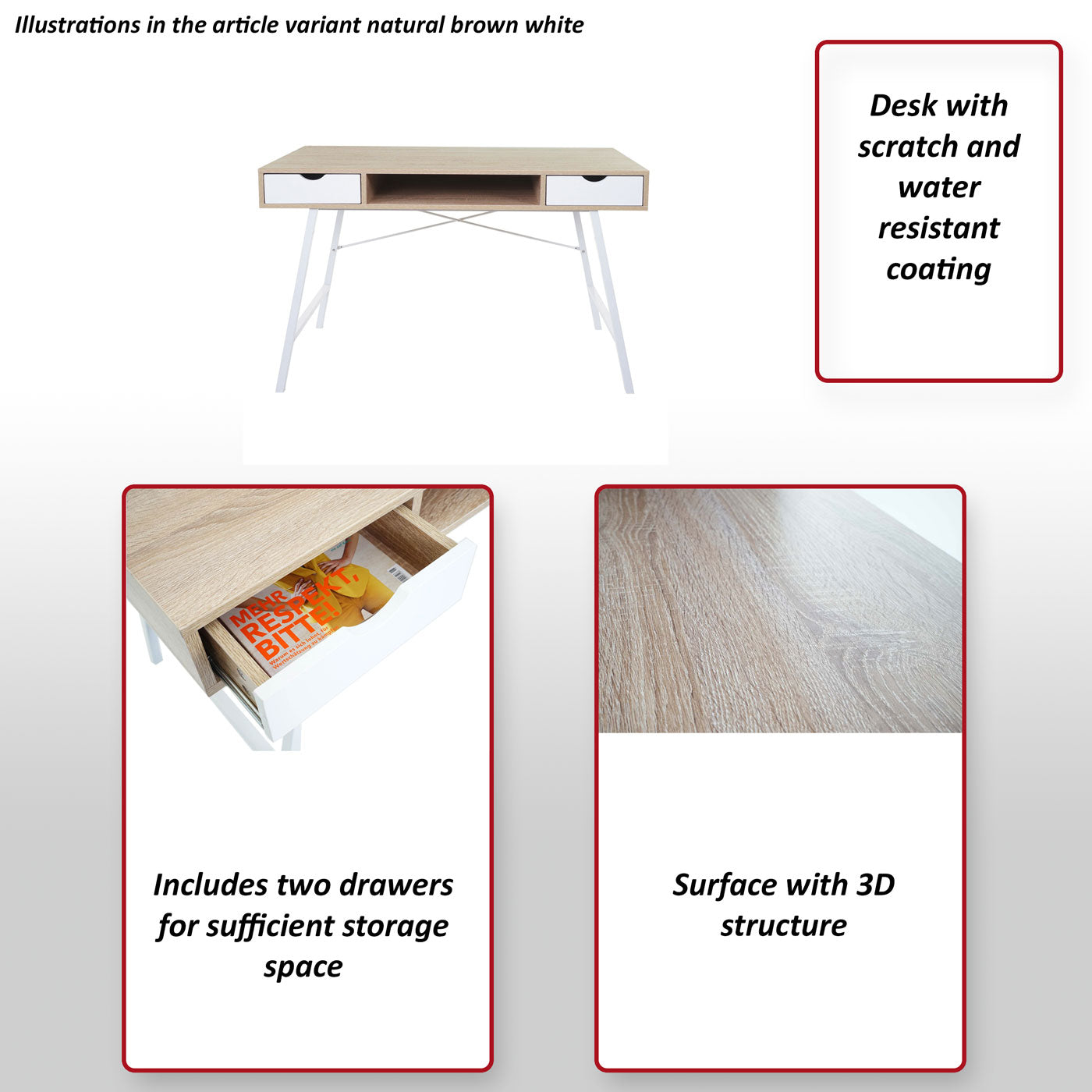 Bureau MCW-E92, bureau computerbureau, 3D structuur 120x60cm ~ natuurlijk bruin wit