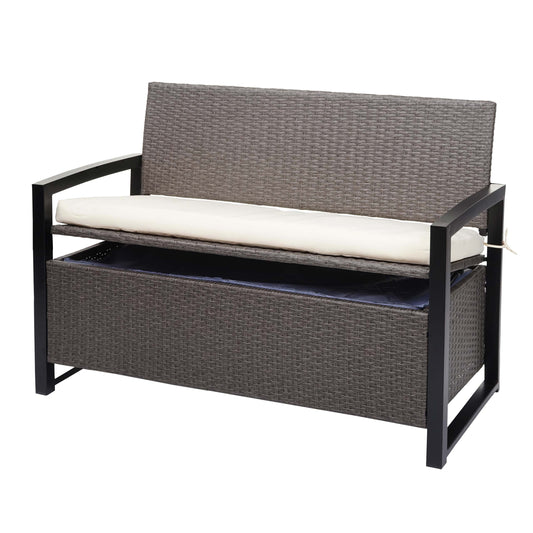 Poly-rattan 2-zitsbank MCW-F39, tuinbank kistbank, opbergvak opbergkussens zitting ~ grijs-gemêleerd, kussens crème