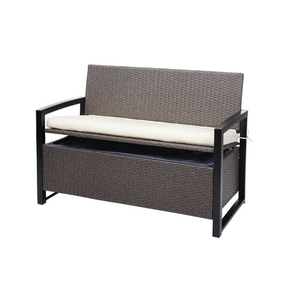 Poly-rattan 2-zitsbank MCW-F39, tuinbank kistbank, opbergvak opbergkussens zitting ~ grijs-gemêleerd, kussens crème