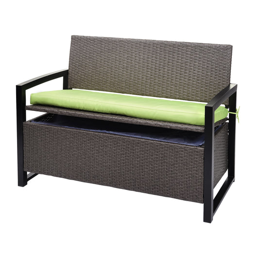 Poly-rattan 2-zitsbank MCW-F39, tuinbank kistbank, opbergvak opbergkussens zitting ~ grijs-gemêleerd, kussens groen