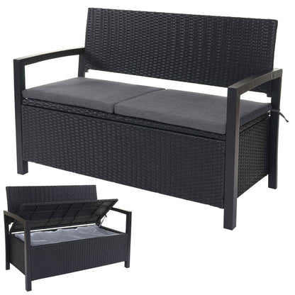 Poly-rattan 2-zitsbank MCW-F39, tuinbank kistbank, opbergvak opbergkussens zitting ~ grijs-gevlamd, grijze kussens