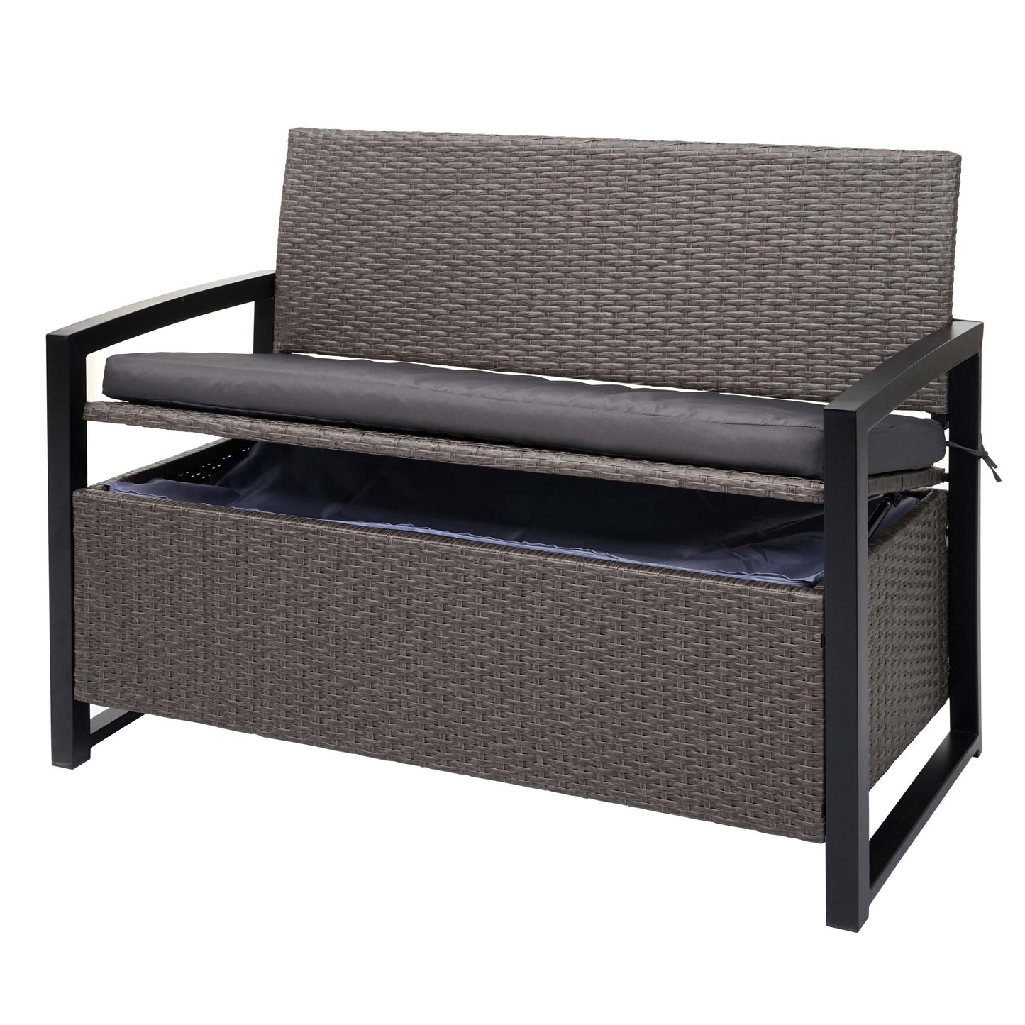Poly-rattan 2-zitsbank MCW-F39, tuinbank kistbank, opbergvak opbergkussens zitting ~ grijs-gevlamd, grijze kussens