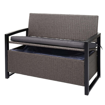 Poly-rattan 2-zitsbank MCW-F39, tuinbank kistbank, opbergvak opbergkussens zitting ~ grijs-gevlamd, grijze kussens