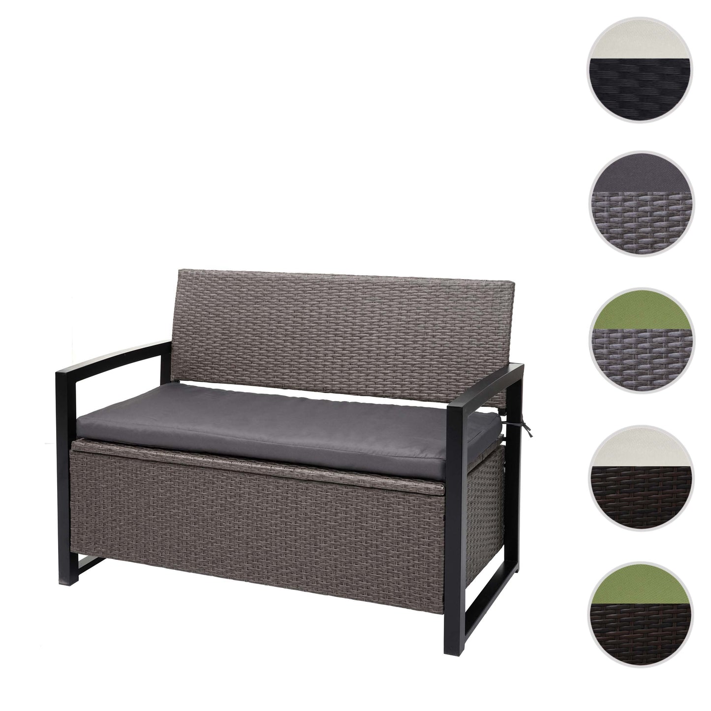 Poly-rattan 2-zitsbank MCW-F39, tuinbank kistbank, opbergvak opbergkussens zitting ~ grijs-gevlamd, grijze kussens