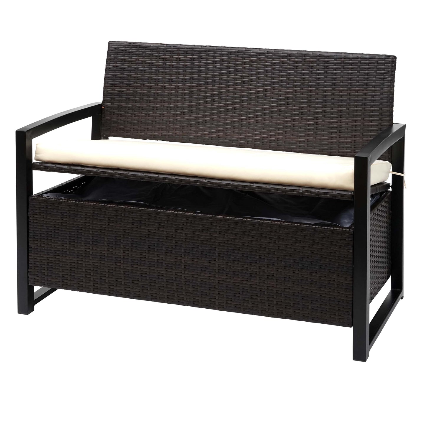 Poly-rattan 2-zitsbank MCW-F39, tuinbank kistbank, opbergvak zitkussens ~ bruin, kussens crème
