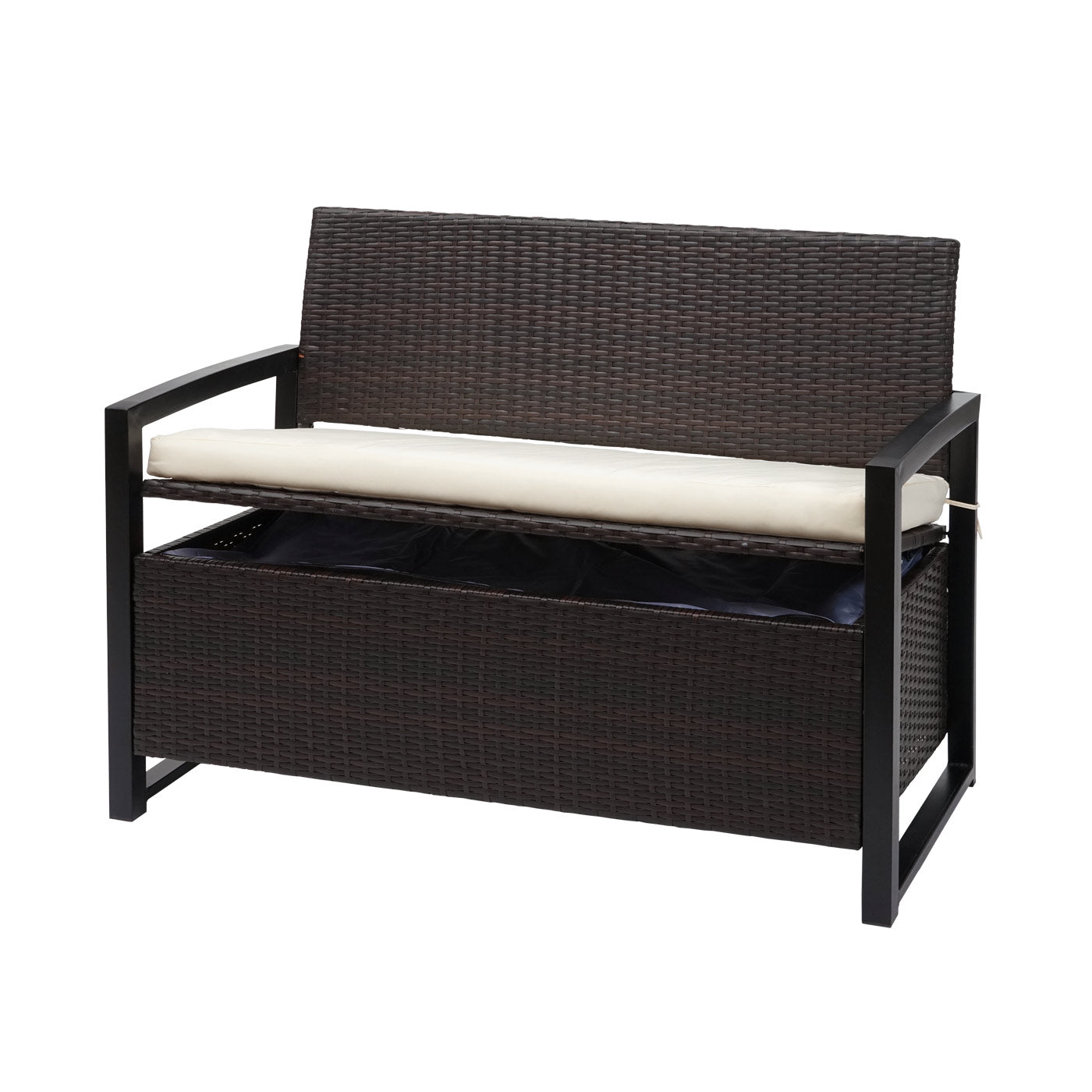 Poly-rattan 2-zitsbank MCW-F39, tuinbank kistbank, opbergvak zitkussens ~ bruin, kussens crème