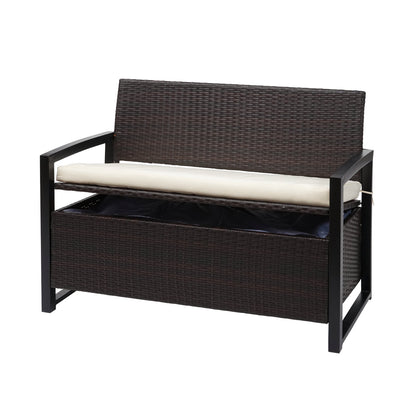 Poly-rattan 2-zitsbank MCW-F39, tuinbank kistbank, opbergvak zitkussens ~ bruin, kussens crème