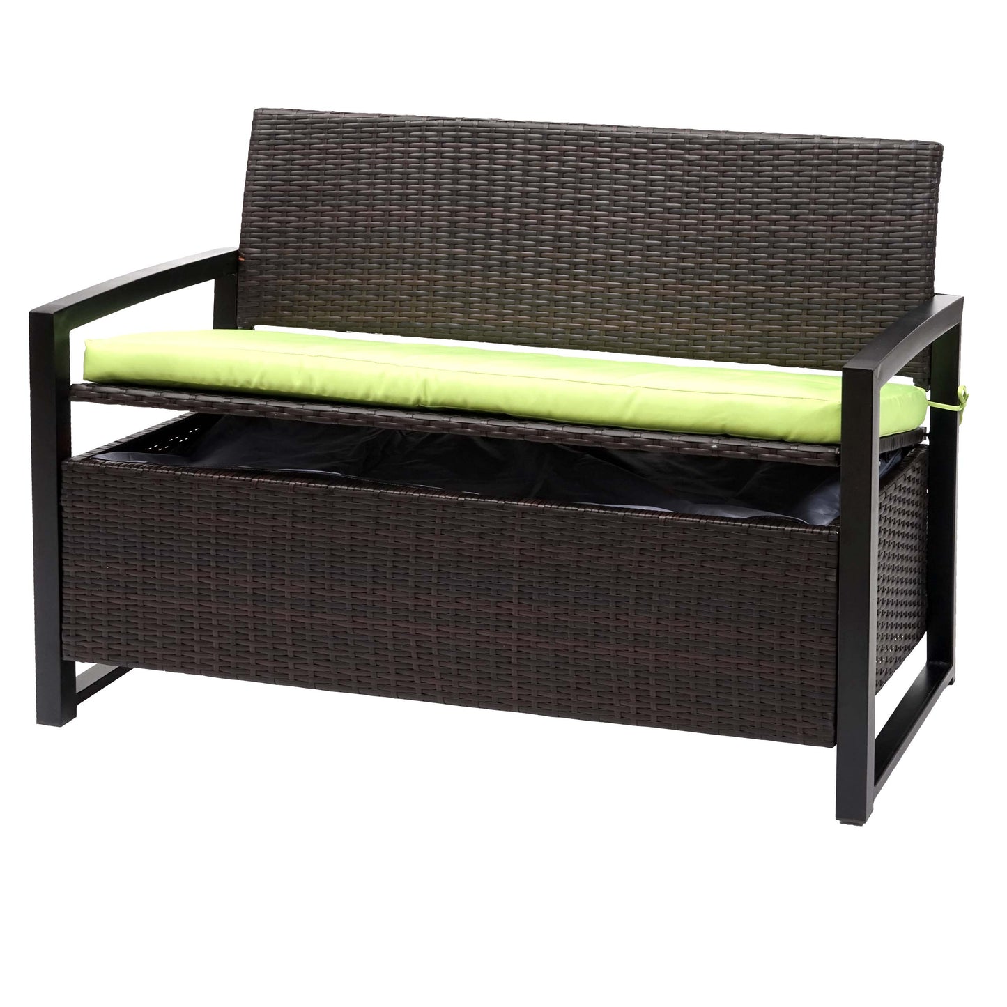 Poly-rattan 2-zitsbank MCW-F39, tuinbank kistbank, opbergvak opberg zitkussen ~ bruin, kussen groen