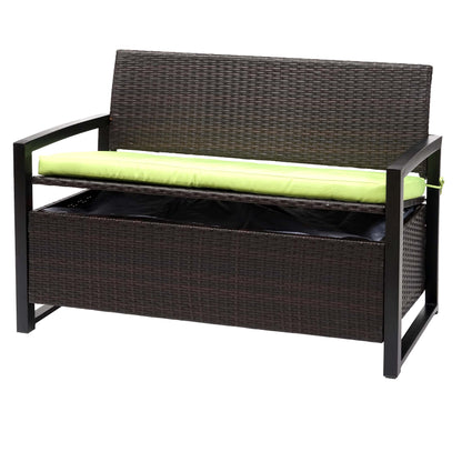 Poly-rattan 2-zitsbank MCW-F39, tuinbank kistbank, opbergvak opberg zitkussen ~ bruin, kussen groen