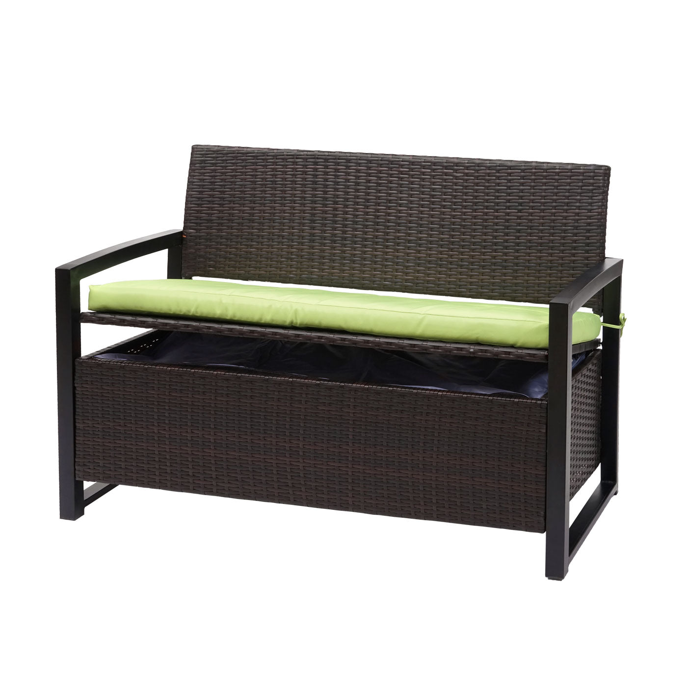 Poly-rattan 2-zitsbank MCW-F39, tuinbank kistbank, opbergvak opberg zitkussen ~ bruin, kussen groen