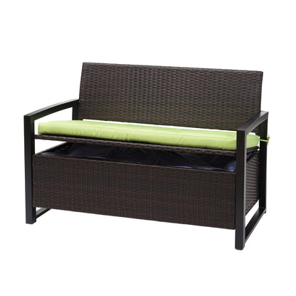 Poly-rattan 2-zitsbank MCW-F39, tuinbank kistbank, opbergvak opberg zitkussen ~ bruin, kussen groen