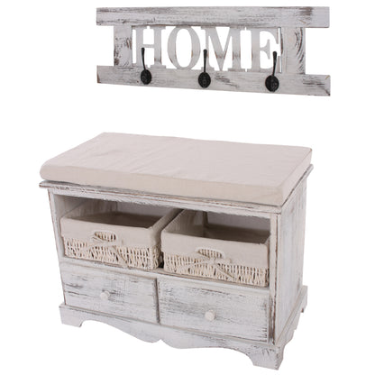 Kledingkast met bank commode met 2 manden 42x62x33cm, shabby look, vintage ~ wit