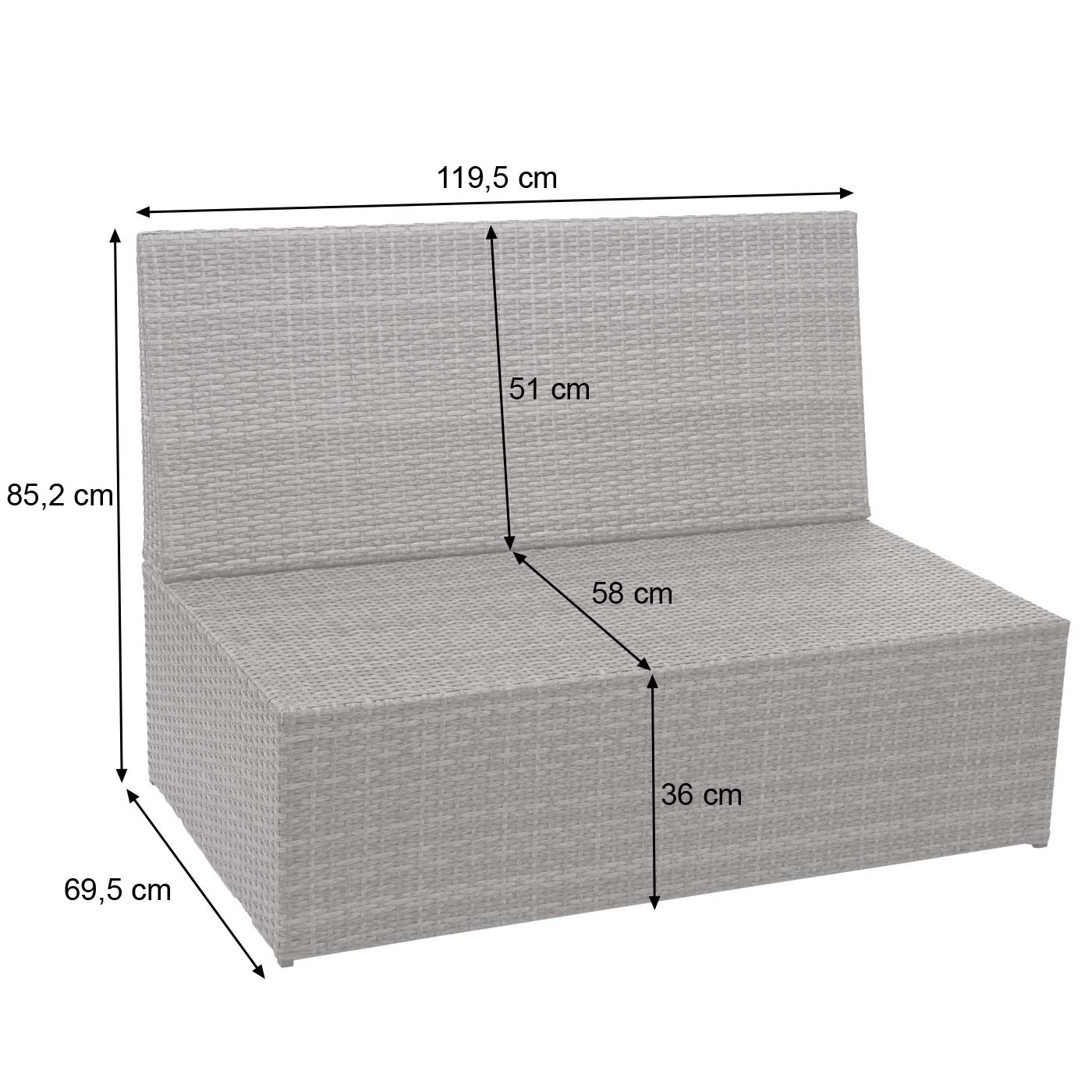 Poly-rattan 2-zitsbank MCW-G16, lounge tuinbank fauteuil, gastronomie 120cm ~ grijs, donkergrijze kussens