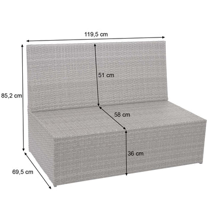 Poly-rattan 2-zitsbank MCW-G16, lounge tuinbank fauteuil, gastronomie 120cm ~ grijs, donkergrijze kussens