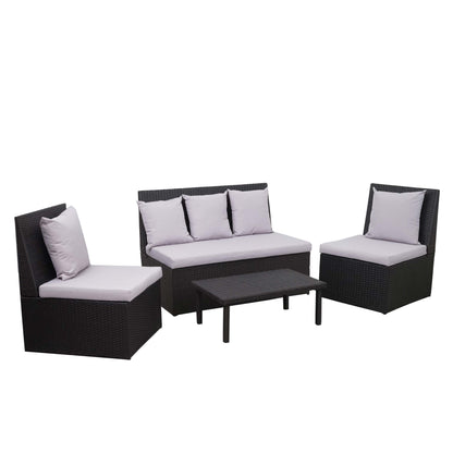 Poly-rattan set MCW-G16, tuin/lounge set, gastronomie 2-zitsbank 2xfauteuil salontafel ~ zwart, kussens lichtgrijs