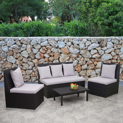 Poly-rattan set MCW-G16, tuin/lounge set, gastronomie 2-zitsbank 2xfauteuil salontafel ~ zwart, kussens lichtgrijs